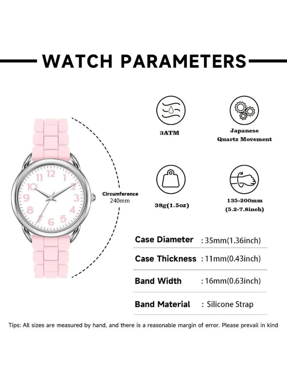 Women's Pink/White Big Face Easy Reader Silicone Strap Water Proof 35MM Watch